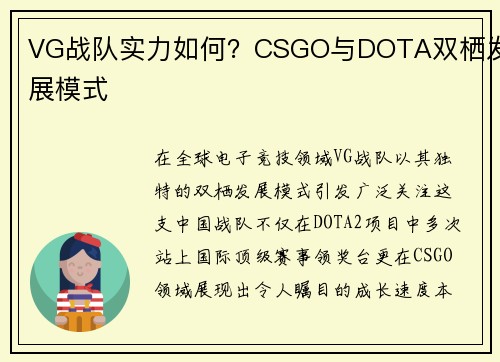 VG战队实力如何？CSGO与DOTA双栖发展模式